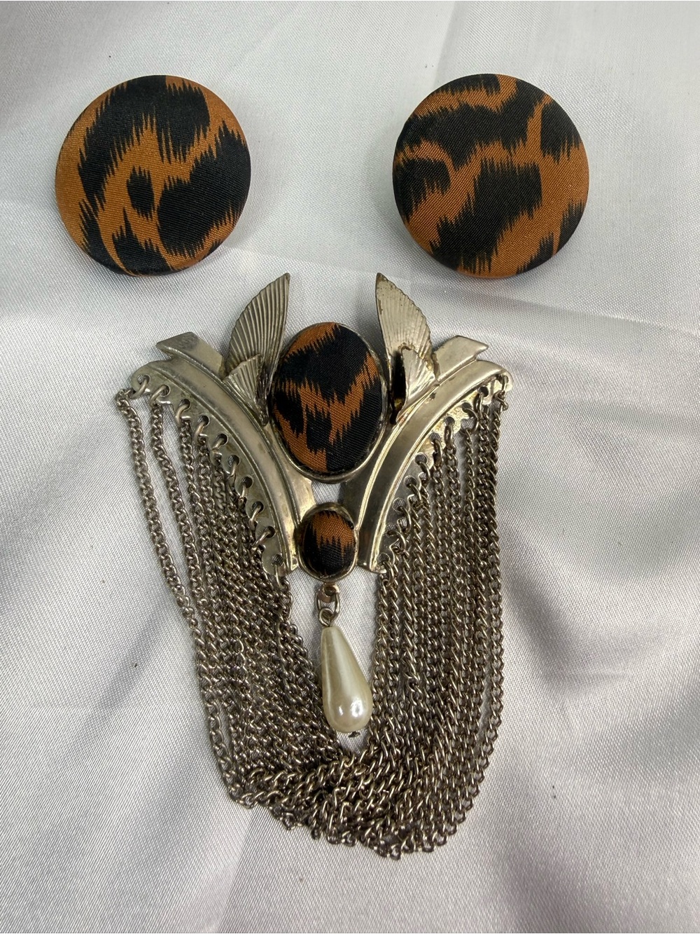 Leopard Print Button Earring and Tassel Brooch Set - Brown & Black